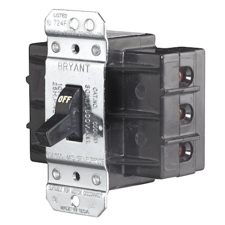 Bryant Toggle Switch, Manual Motor Controllers, Three Pole, 60A 600V AC, Side Wired Only, Black 60003D